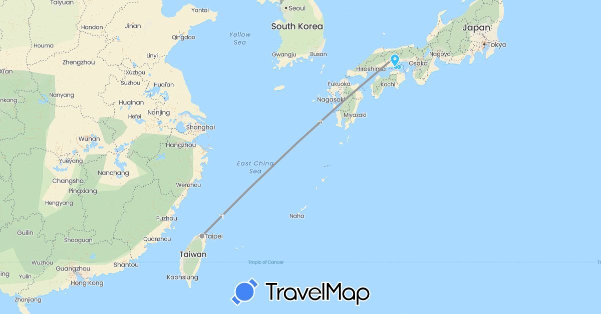 TravelMap itinerary: driving, plane, boat in Japan, Taiwan (Asia)